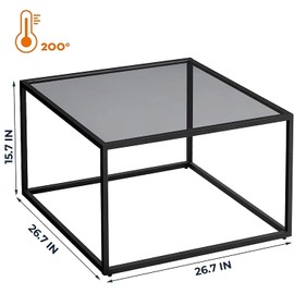 SAYGOER Glass Coffee Table, Small Modern Coffee Table Square Simple Center Tables for Living Room 26.7 x 26.7 x 15.7 Inches, Gray Black