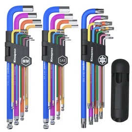 Kimapeso Hex Key Set 27PCS Long Arm Allen Key Set Extra Long Ball End Allen Wrench Set Metric Imperial Torx With T-Handle Metric 1.5mm-10mm, SAE 1/16-3/8, Star Key Set T10-T50