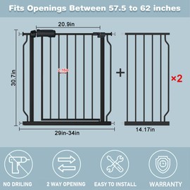 Flower Frail Extra Wide Baby Gate 57.5-62 Inch Black Walk Thr Dog Gates Doorways House No Drill Pressure Mounted Auto Close Long Child Safety Gate for Kids and Pet