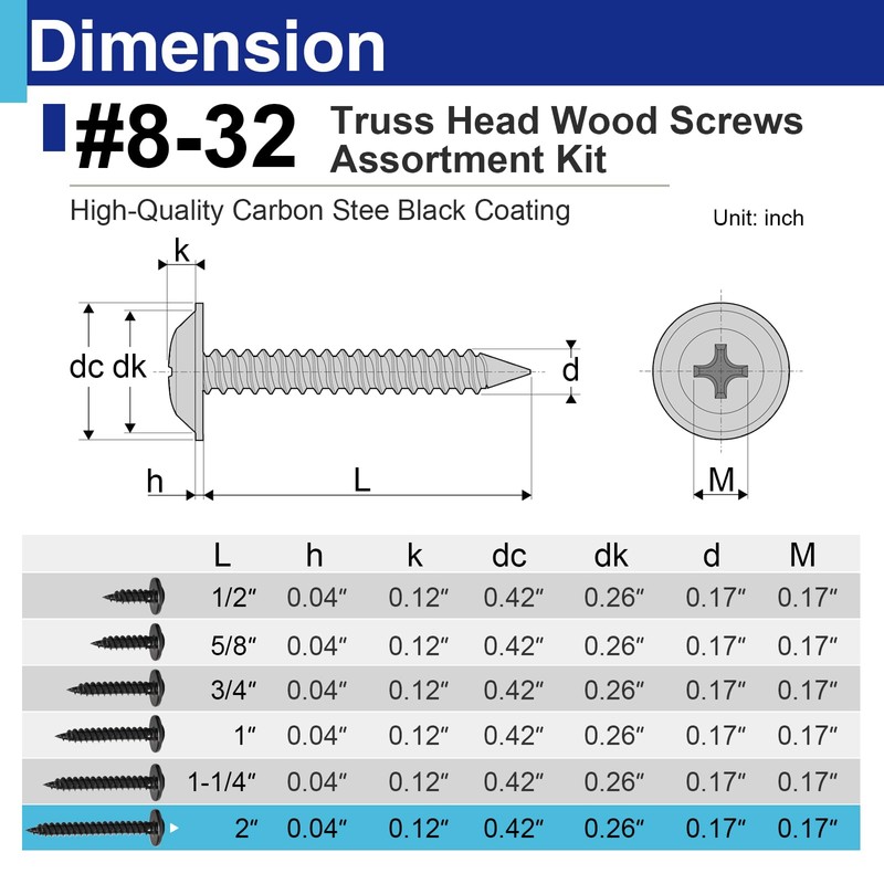 100 Pcs #8 x 2 Black Wood Screws, Pan Head
