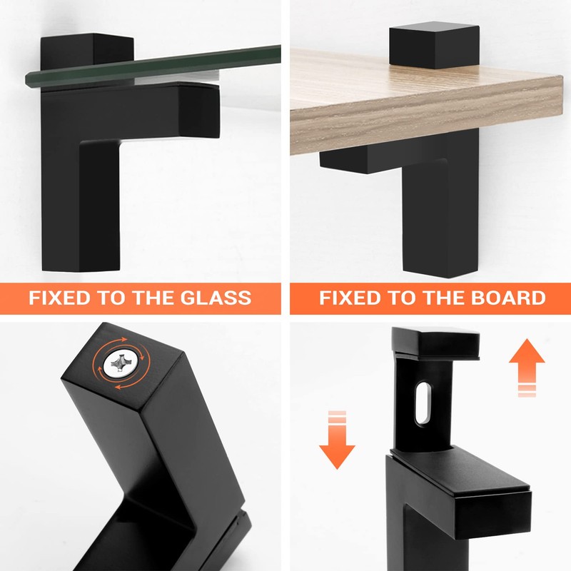 Pyatofyy 2Pcs Adjustable Wood/Glass Black Shelf Brackets, Floating Glass Clamp