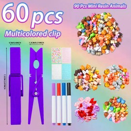 LIENATSER 60 Set Cheer Pins Spirit Clips Include 60 Wooden Colored Clothes Pins 90 Mini Resin Animals and Self Adhesive Stickers Pen for Cheerleading Backpacks Cheer Gifts Bulk (colorful2)