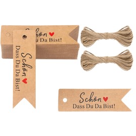 G2PLUS SCHÖN DASS DU DA BIST Gift Tags, Small Wedding Tags for Guest Gifts, Brown and Black Kraft Paper Labels Pendant with Jute String for Small Wedding Favours