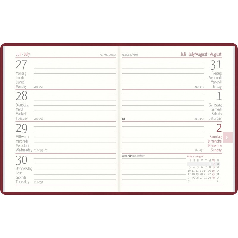 Taschenkalender bordeaux 2026 - Büro-Kalender 8,3x10,7- 1W/2S - flexibler Kunststoffeinband