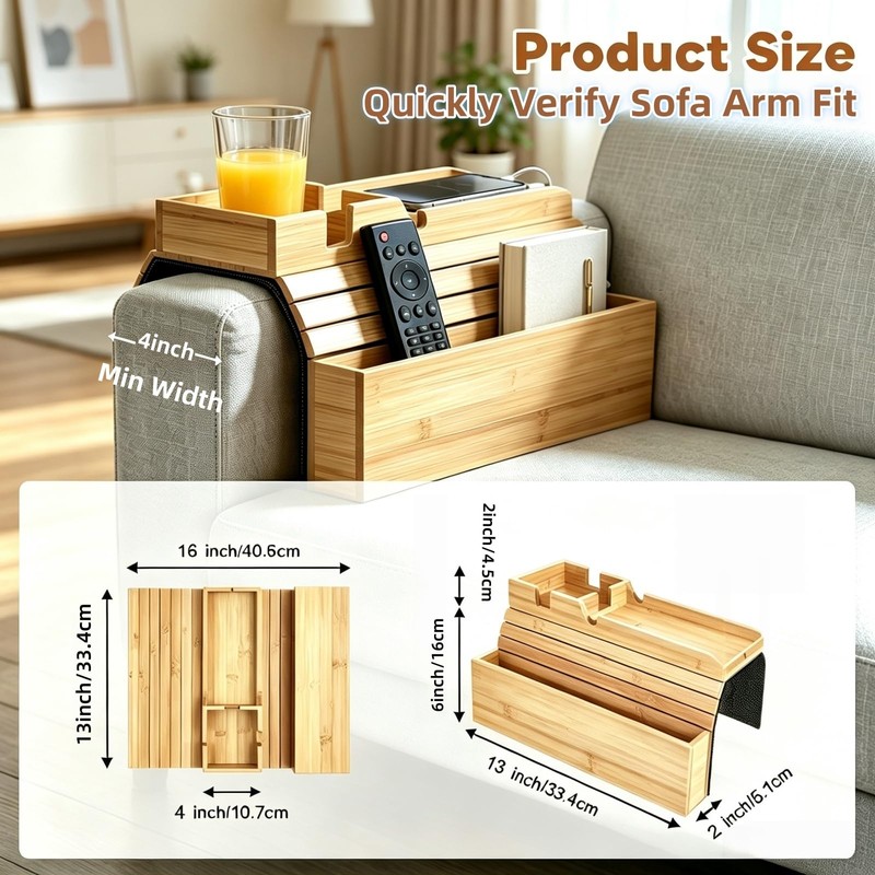 Bamboo Sofa Armrest Tray with Storage Pocket