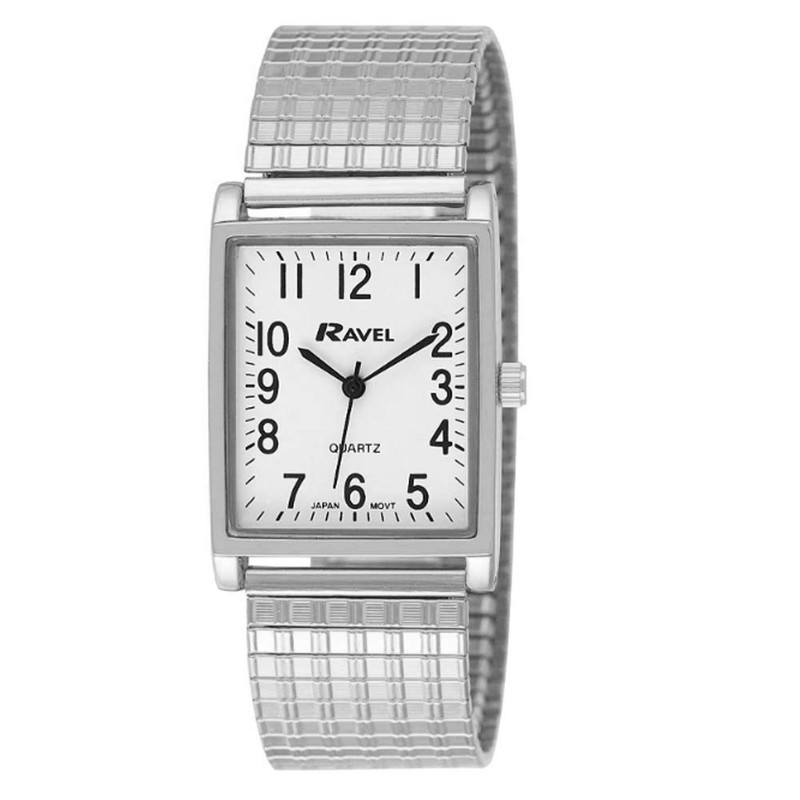 Ravel Gents White Rectangle Dial Silvertone Expander Bracelet Strap Dress
