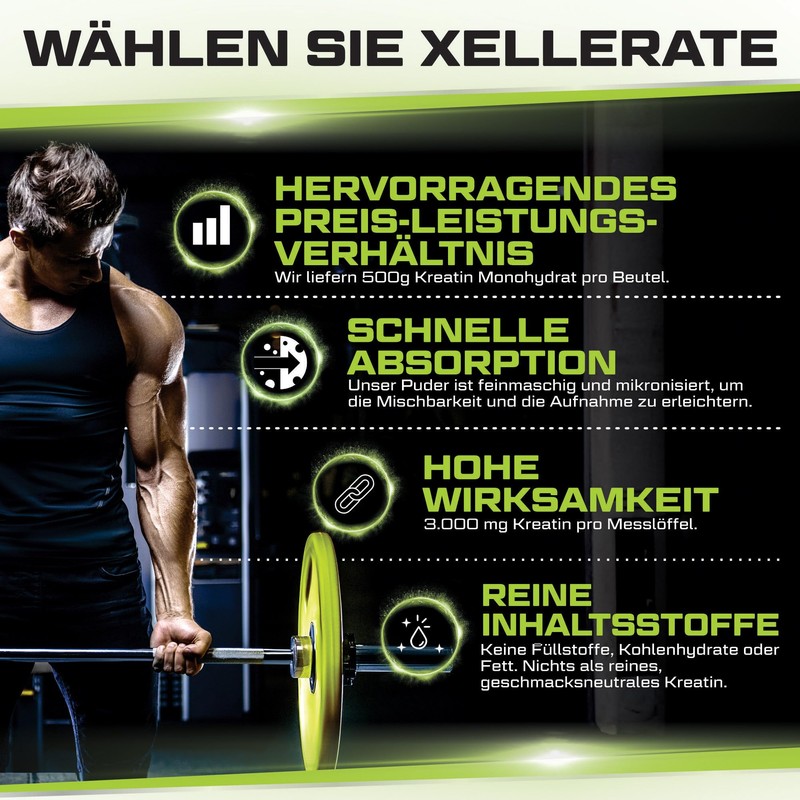 Xellerate Creatin Monohydrat Pulver 500g - 166 Anwendungen - Kreatin