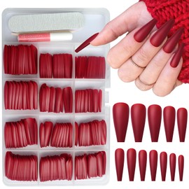 AddFavor Long Coffin Press on Nails Dark Red Fake Nails Full Cover Matte Ballerina Acrylic False Nail for Women, 240pc Dark Red Nails with Nail Glue Adhesive Tabs File Tools