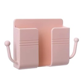 Wall-Mounted Phone and Remote Control Holder, Storage Organizer with Side Hooks (Pink)