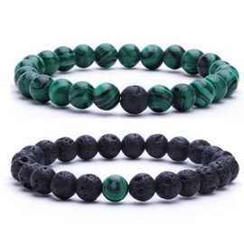 MengPa Mens Beaded Bracelets Couples Matching Bracelet Set Lava Rock Beads for Women Stone Jewelry (Malachite) US4163G