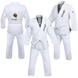 Strength Pro Brazilian Jiu Jitsu Gi and Martial Arts Uniform, Lightweight Preshrunk Grappling BJJ Gi for Kids, Training Gi (Size M1, White, 300 gsm)