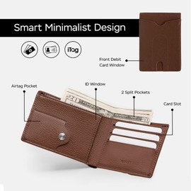 VEGALTY - Microfiber Minimalist Scratch-Resistant Leather Wallet with Airtag Pouch | Slim Bifold Front Pocket with RFID Protection 6 Card Slots and Hidden ID Window - Brown