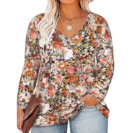 RITERA Plus Size Long Sleeve Tops for Women 4X V Neck Brown Floral Oversized Casual Loose Fit Pullover Henley Shirts Ladies Fall Tshirt Lovely Workout Tunic 4XL 26W
