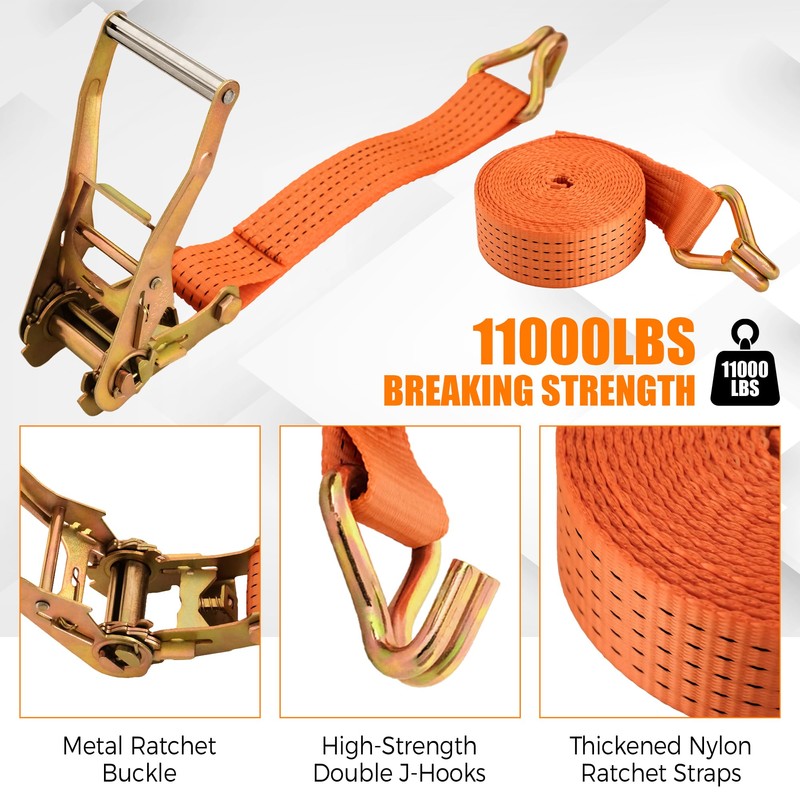 4 Pack-2" x20' Ratchet Straps, Double J Hook Heavy Duty