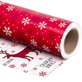 WRAPAHOLIC 30 Inch Jumbo Reversible Christmas Wrapping Paper - 30 Inch x 33 Feet - Red White Reindeer and Snowflake Wrapping Paper for Christmas, Holiday, Party