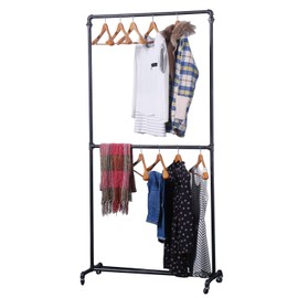 MBQQ Industrial Pipe Clothing Racks on Wheels Double Hanging Rod Metal Clothing Rack,Heavy Duty Commercial Display Garment Rack,Hanging Weight Rack,Metal Ballet Rolling Racks,Black Brush Silver