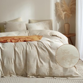 mixinni Queen Duvet Cover Set - 70% Cotton 30% Linen Blend, Bohemian Floral Jacquard 3-Piece Comforter Cover with 2 Pillowcases, Soft Breathable Lightweight Bedding Set (90"x90"), Almond Milk Grey