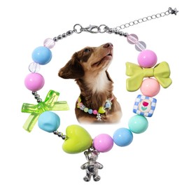 Coloful Beaded Dog Collar Heart-Shaped Flower Bear Cute Pearl Collar Necklace Jewelry for Cat Dogs Puppy (Cute Green Pink, Small)