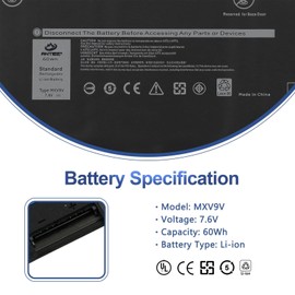 MXV9V 60Wh Laptop Battery for Dell Latitude 5300 5310 7300 7400 E5300 E5310 E7300 E7400 Latitude 5300 5310 2-in-1, inspiron 7300 7306 2-in-1 Black, P96G P96G001 P97G P99G P100G Series 5VC2M 0829MX