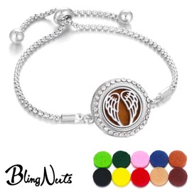 BlingNuts Angel Wing Essential Oil Diffuser Bracelet for Women Stainless Steel CZ Aromatherapy Locket Scent Bracelet with 10 Refill Pads