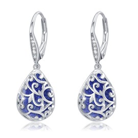 REDSUN Blue Sandstone Earrings for Women 925 Sterling Silver Tear Earrings Filigree Drop Earrings with Zirconia Buckle Jewellery for Women Girls, Silver, Created Sapphire