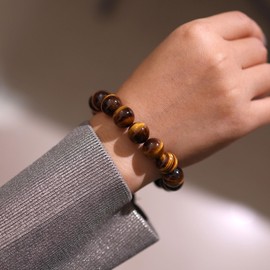 Lightock 12mm Round Beads Stretch Bracelets for Men Women Gem Semi Precious Gemstone Beaded Bracelets 7 Inch Unisex Gifts (Yellow Tiger's Eye)