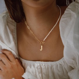 Dainty Initial Pearl Necklace for Women, 14K Gold Plated Paperclip Link Chain Necklace Toggle Clasp Necklace Initial Necklaces Gold Jewelry for Women Letter J