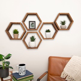 Drakestone Designs Hexagon Floating Wall Shelves, Farmhouse Style Decorative Bookshelves for Kitchen, Bedroom, Living Room, and More, Solid Wood, 10.13" H x 11.75" W x 4.00" D, Walnut, 5-Pack