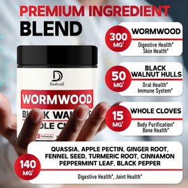 Wormwood Capsules with 12 Herbs Blended Black Walnut Leaves, Ginger Root, Turmeric Curcumin Root, Black Pepper & More - Support Digestion Health, Immune System & Overall Health
