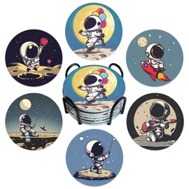 Celercrownv Funny Astronaut Absorbent Coasters Set of 6 with Cork Base and Holder - Cute Round Drink Coasters Set for Table Decor, Housewarming Gift for New Home Coffee Bar Decor