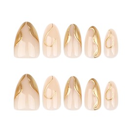 KAICCOSO Gold French Tip Almond Acrylic Press-On False Nails, 24 Pcs (12 Sizes), Glossy Finish, Full Cover, Summer Style, 3D Designs, Reusable, Non-Toxic, Wedding & Occasion Ready for Women