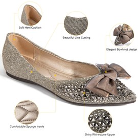 Zelaprox Women's Flats Shoes Rhinestone Pointed Toe Flats Comfort Low Wedge Dressy Flats Silver Bowknot Flats Light Weight Casual Ballet Shoes
