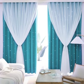 Kinryb Kids Blackout Curtains for Bedroom/Living Room/Classroom, Sheer Overlay 2 Free Tiebacks, Double Layer Curtains with Star Cutout for Kids Room(Each Piece W 70 x L 84 Inches 2 PCs Sky Blue)