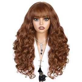 quickwig Long Curly Wig with Bangs Body Wave Wigs for Women 22 Inch Copper Red Wigs Glueless Long Wavy Wig with Bangs Realistic Synthetic Hair for Daily Party Wear #30Y Color