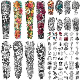 46 Sheets Full Arm Temporary Tattoo for Men Women with Lion Lily Daisy Peony Rose, Half Arm Temporary Tattoos for Adults with Butterfly Bird Snake, Fake Tattoos That Look Real and Last Long - Specification: Color-3