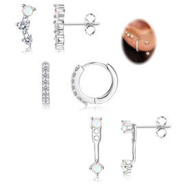 Thunaraz Sterling Silver Stud Hoop Earrings Set for Women Teen 3Pairs 925 Sterling Silver Cartilage Earrings Stud Earring Huggie Earrings Set Gold-White Opal