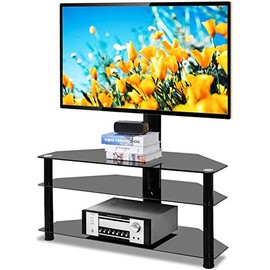 JULYFOX Corner Floor TV Stand w/Swivel Mount Bracket for 32 37 42 47 50 55 60 65 inch Plasma LCD LED Flat Curved Screen TVs 3 Tier Tempered Glass Shelves Universal Media Storage Stand Black