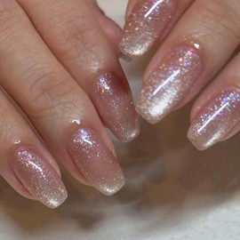 Hkanlre Medium Fake Coffin Nails Tips Press on Nails Full Cover Sequins Pink False Nails for Women 24PCS