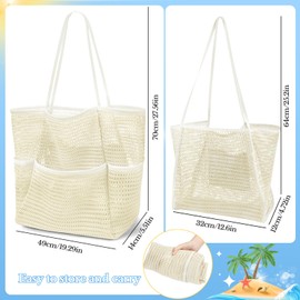 XIEJ 2 Pcs Mesh Beach Bags, 2 Sizes Causal Beach Bags for Women, Beach Tote Bag with Mini Pocket, Foldable Pool Bag for Beach Vacation, Travel, Shopping (Beige)