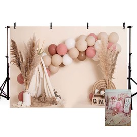 MEHOFOND 7x5ft Girl 1st Birthday Photo Backdrop Pink Balloons Boho Tent Straw Bohemian Theme Party Background Decor Newborn Photography Props Portrait Photobooth Studio