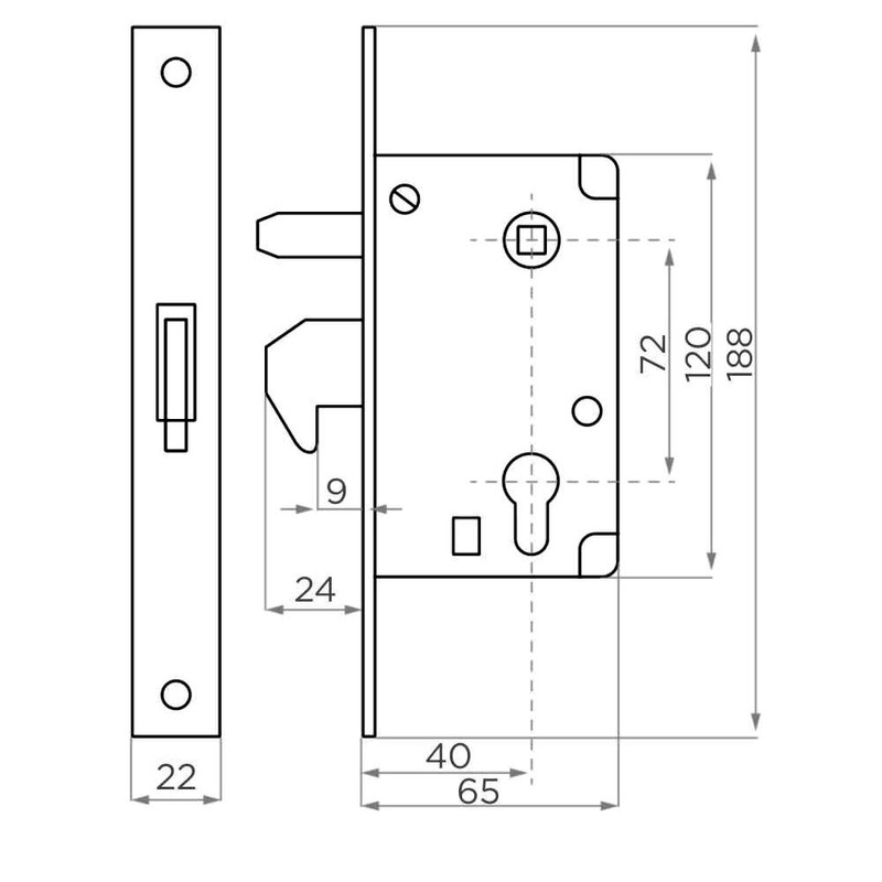 Aqbau® Hook Lock 72/40 for Sliding Door Mortice Lock Sliding