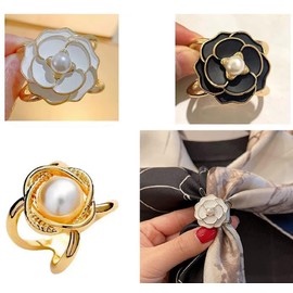 [SBRNMAA] Scarf Clip Women's Elegant Pearl Floral Scarf Ring Clip Pearl Channel Style Silk Scarf Buckle Ring French Retro Camellia Flower Scarf Ring Belt Fixed Clothing Accessories Scarf Clip, 3pcs