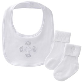 Booulfi Baby Boy's Christening Baptism Outfits Embroidered Cross White Bib and Socks Set 2 PCS