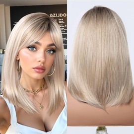 Allbell Blonde Wig Short Ombre Bob Wig With Curtain Bangs 14 inch Straight Bob Bangs Wig for Women Natural Looking Heat Resistant Synthetic Wigsfor Daily Use