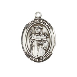 Everlasting Light Jewelry Medium Men's Pewter Saint Casimir of Poland Medal Pendant on 24 Inch Endless Rhodium Plated Heavy Curb Brass Chain, Catholic Religious Necklace -Made in USA- Deluxe Velvet Gift Box