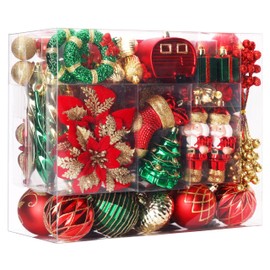 SHareconn 135pcs Christmas Balls Ornaments Set, Shatterproof Plastic Baubles, Ribbon and Tree Topper for Xmas Tree Holiday Wedding Party Decorations with Hanging Strings, Red, Green and Gold