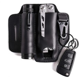 Multitool Leather Sheath for Belt, EDC Organizer, Multitool Pouch,Leather EDC Sheath with Elastic Band Pen Holder, Flashlight Holder and  Clip, Practical Belt Pouch for EDC Gears - Color: A-black
