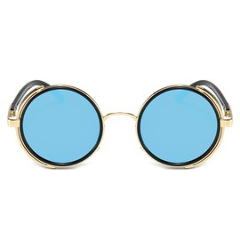Dollger Retro Steampunk Sunglasses for Men Women Vintage Metal Circle Frame Blue Lens Side Shield Sunglasses
