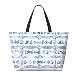 Owlfder Large Beach Bag for Women Anchor Turtle Rudder Cruise Pattern Waterproof Travel Shoulder Tote Bag with Pocket for Weekender Pool Vacation