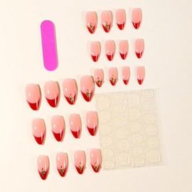 Red French Tip Press on Nails with Gold Hexagram Detail Medium Fake Nails Almond Nails Press ons with Designs Acrylic Nails Full Cover Glossy Glue on Nails Stick on Nails for Women Manicure 24 Pcs